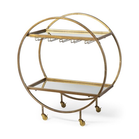 Fiesta Circular Chasis Antique Gold Metal with Two Mirror Glass Shelves Bar Cart FI3090675